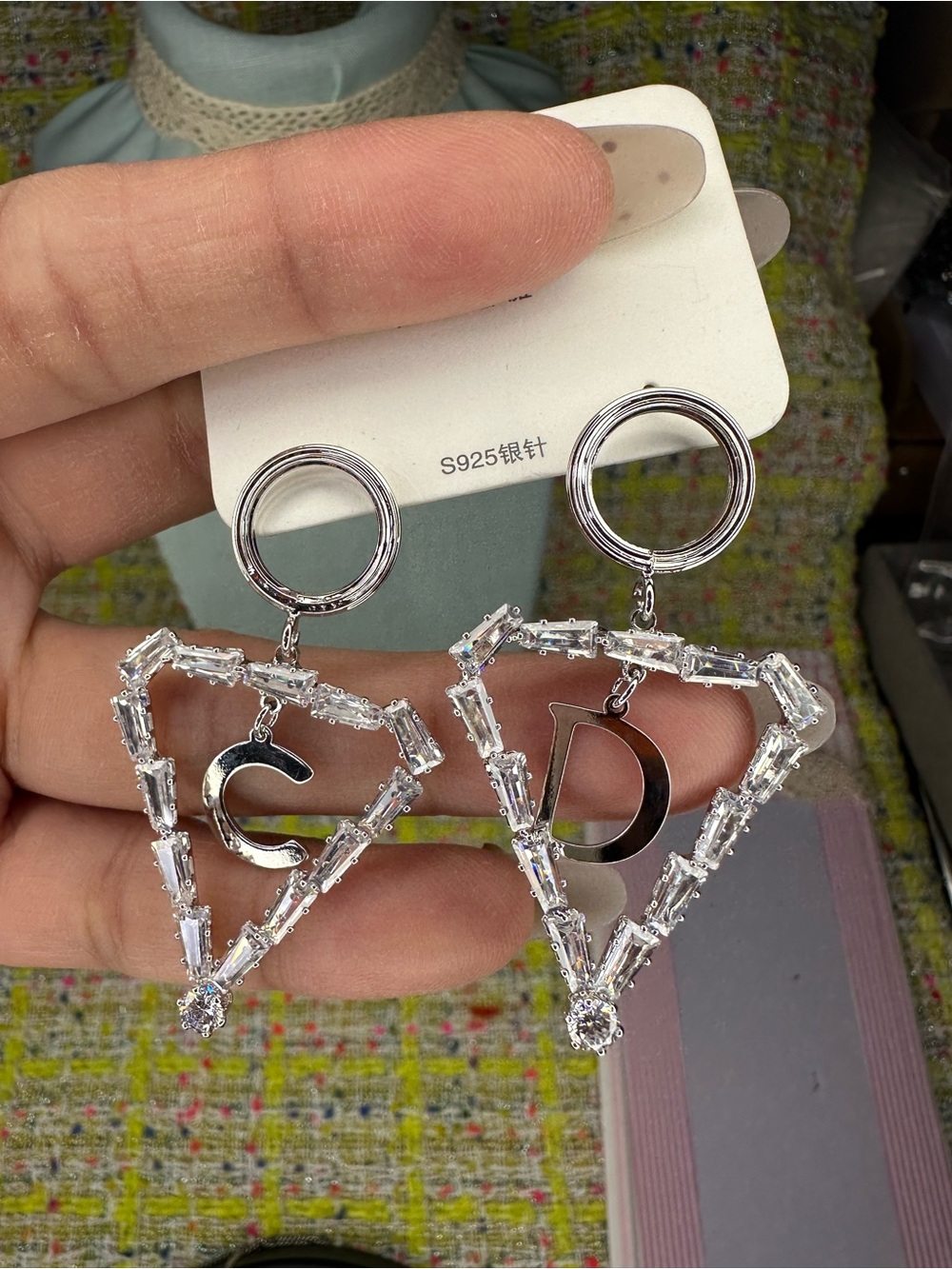 925 Silver Crystal Triangle Drop Earrings with Letter C and D